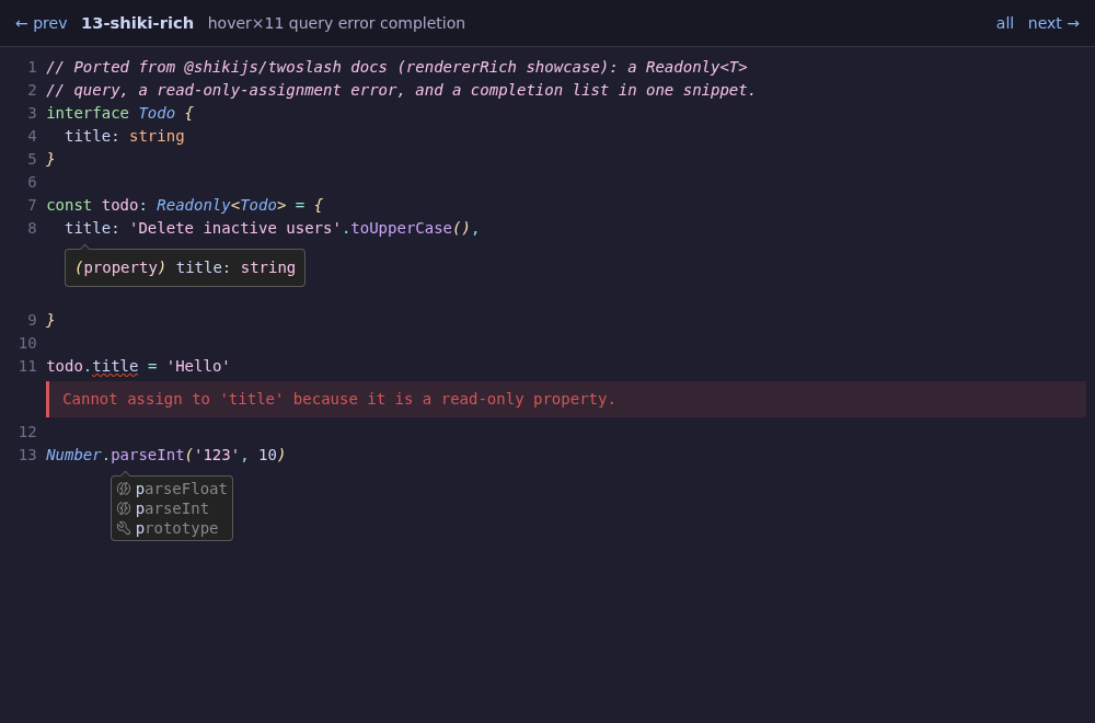 The hue twoslash HTML overlay: a Readonly<Todo> snippet with a query popup, a read-only-assignment error, and a completion list
